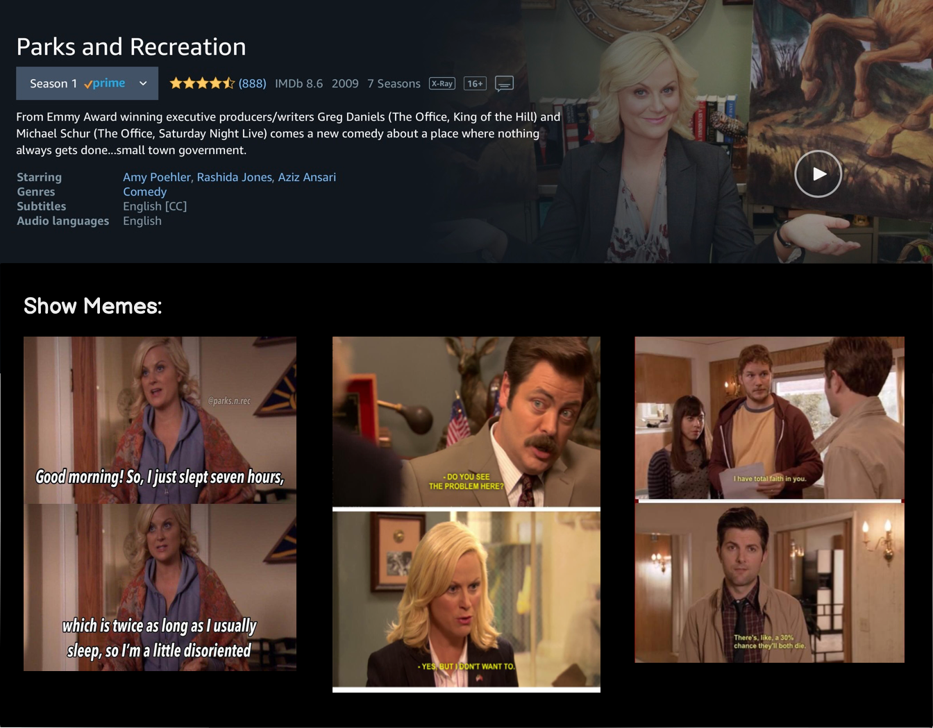 Parks and Rec show page with memes